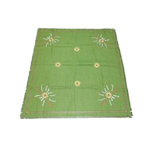 Vtg Green‎ Embroidered Tablecloth Square Fringe Floral Accent Table Cover Decor
